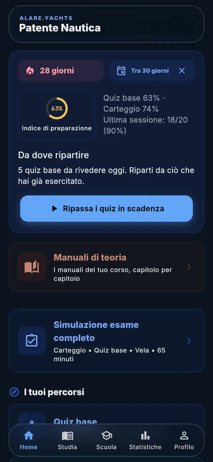 La home dell’app Alare, con percorsi di studio e progressi personali