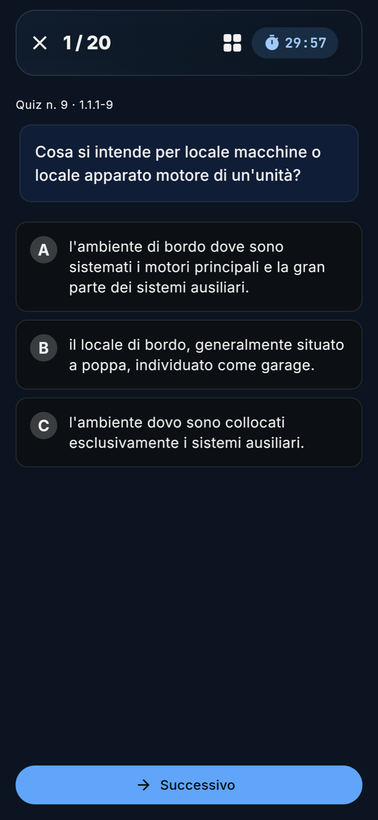 La simulazione d'esame nell'app: domanda 1 di 20 con il cronometro che scorre in alto.