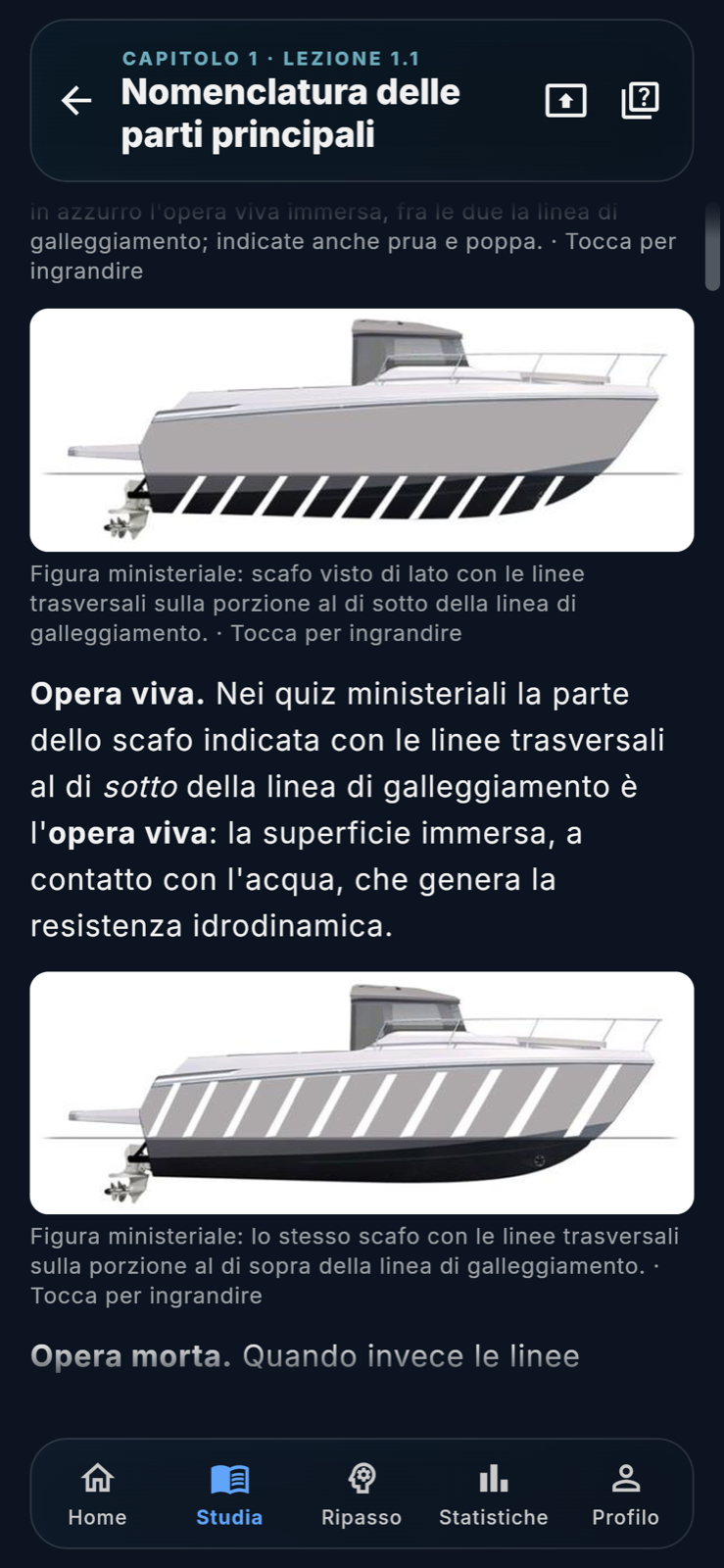 La sezione «Nomenclatura delle parti principali» del manuale digitale, con il testo e la figura ministeriale dello scafo.