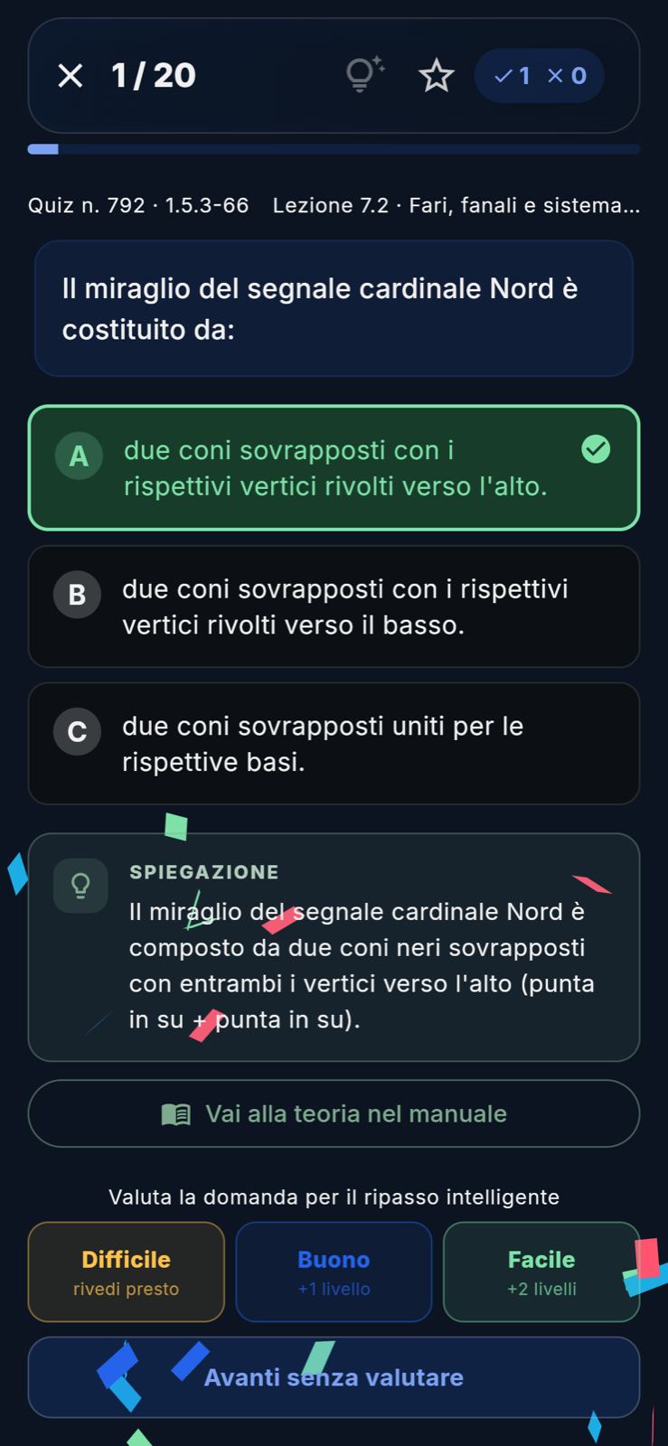 Un quiz ministeriale nell'app: la risposta esatta evidenziata in verde e il riquadro con la spiegazione sotto.