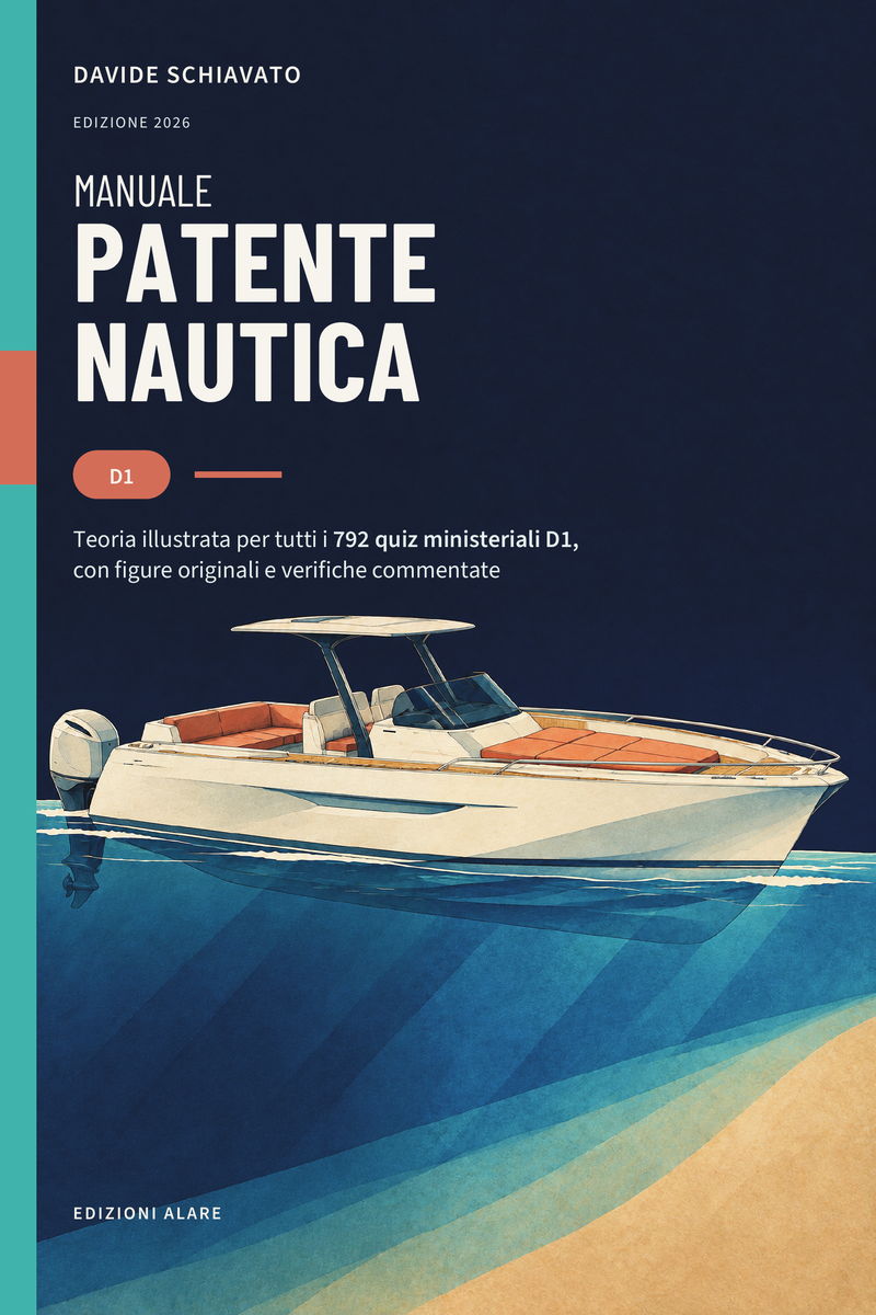 Copertina del Manuale Patente Nautica D1: su fondo blu notte un motoscafo bianco con T-top e cuscineria arancione, motore fuoribordo a poppa, fermo su acqua azzurra sopra un fondale sabbioso visto in trasparenza; a sinistra una banda verde acqua, in alto «Davide Schiavato · Edizione 2026», poi «Manuale Patente Nautica», la pastiglia rossa «D1» e la riga «Teoria illustrata per tutti i 792 quiz ministeriali D1, con figure originali e verifiche commentate»; in basso «Edizioni Alare».
