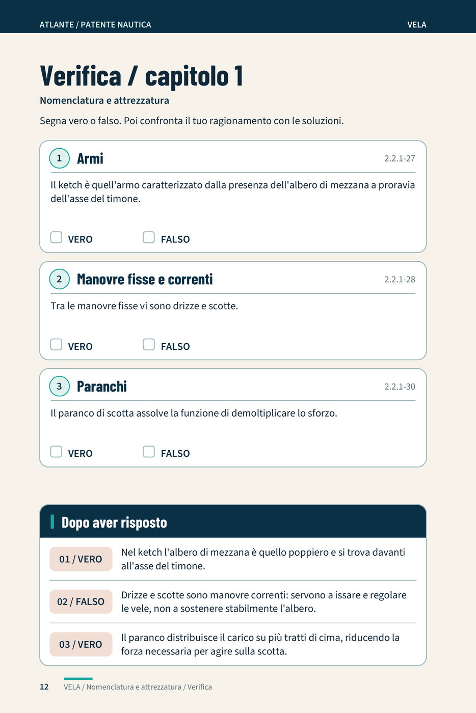 Pagina «Verifica / capitolo 1»: tre affermazioni vero o falso su armi, manovre fisse e correnti e paranchi, con il riquadro scuro «Dopo aver risposto» e le soluzioni commentate.